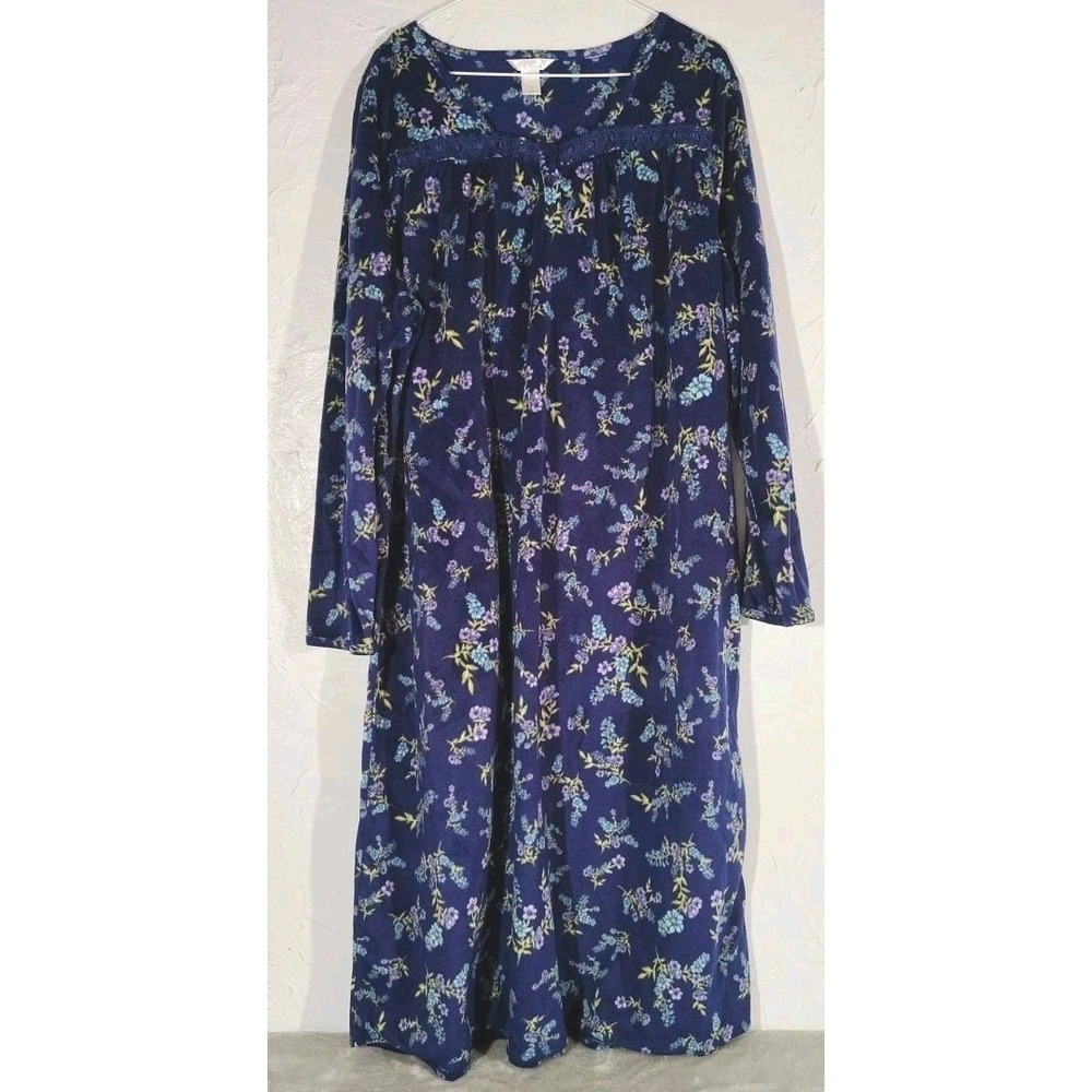 Adonna Fleece Housecoat Ladies XXL Blue Floral Comort Soft Long Pullover Evening